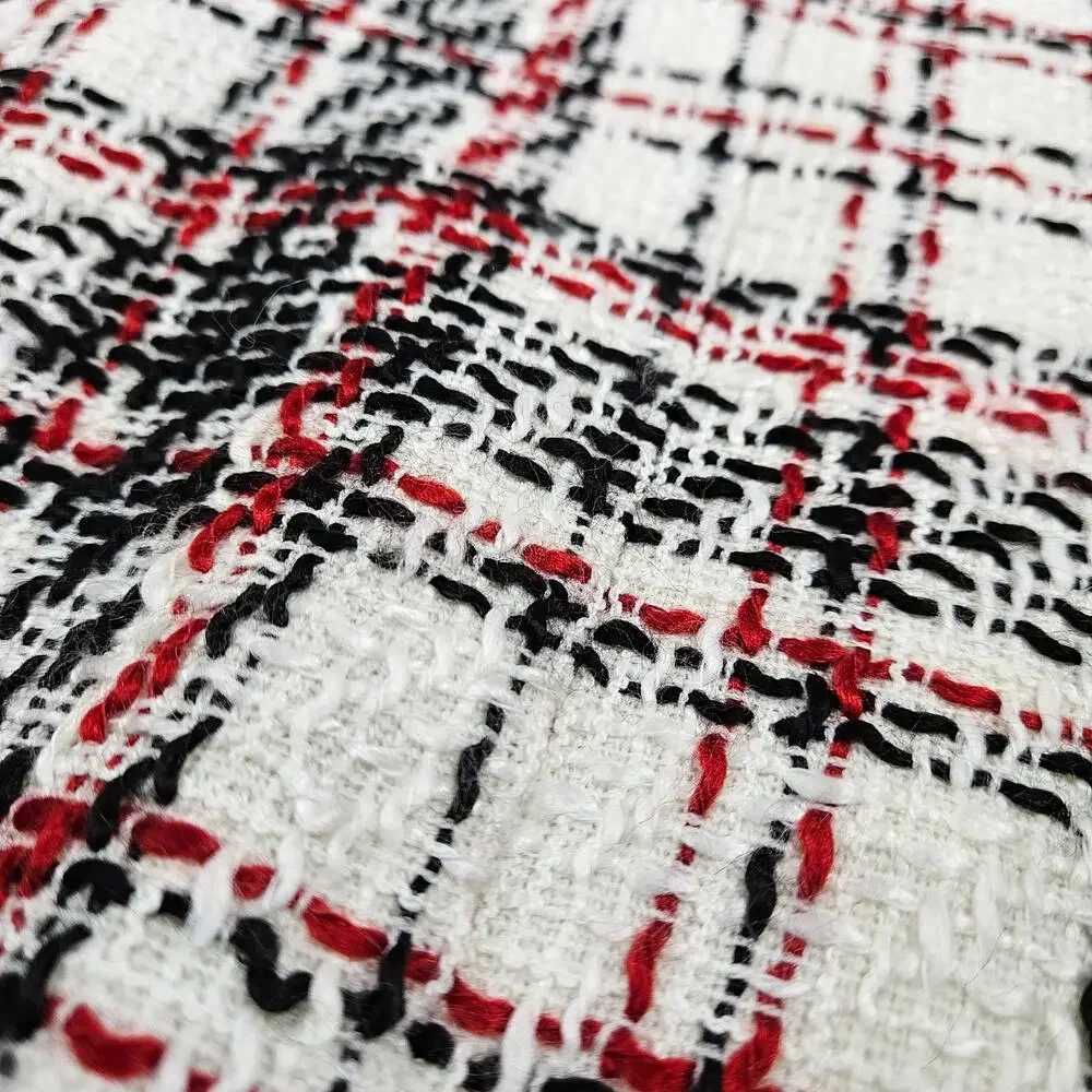 Studio C Tweed Plaid Short Blazer Jacket Ivory Black Red Frayed Trim‎ Lined 14